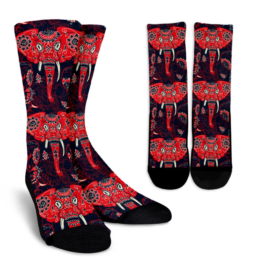 Red Indian Elephant Pattern Crew Socks