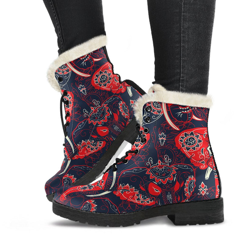 Red Indian Elephant Pattern Faux Fur Leather Boots