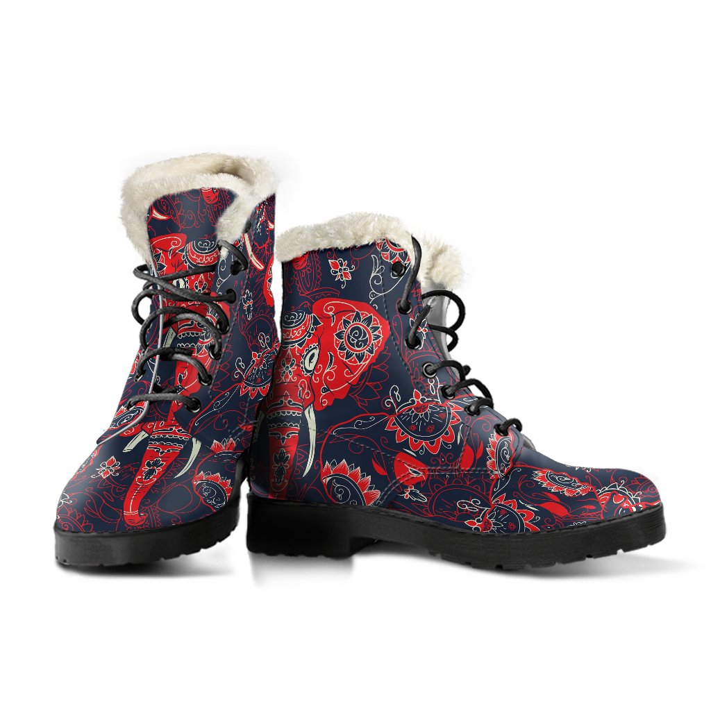 Red Indian Elephant Pattern Faux Fur Leather Boots