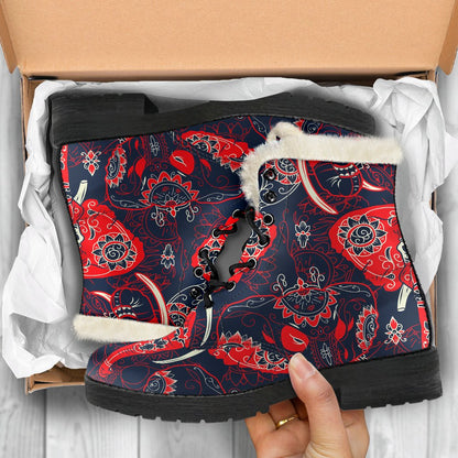 Red Indian Elephant Pattern Faux Fur Leather Boots