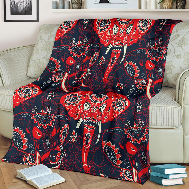 Red Indian Elephant Pattern Fleece Blanket