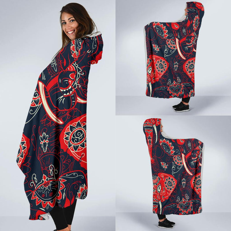 Red Indian Elephant Pattern Hooded Blanket-JORJUNE.COM