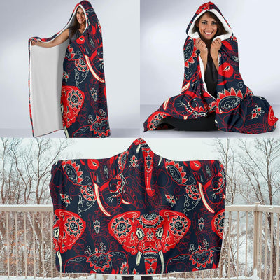 Red Indian Elephant Pattern Hooded Blanket-JORJUNE.COM