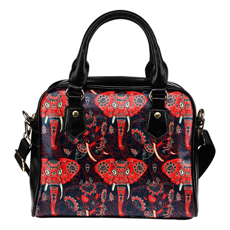 Red Indian Elephant Pattern Leather Shoulder Handbag