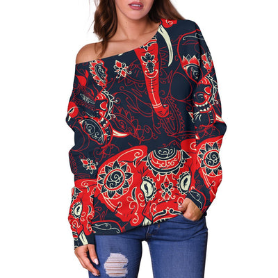 Red Indian Elephant Pattern Off Shoulder Sweatshirt