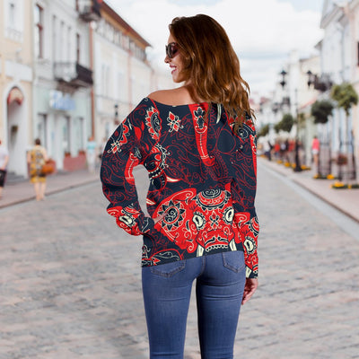 Red Indian Elephant Pattern Off Shoulder Sweatshirt