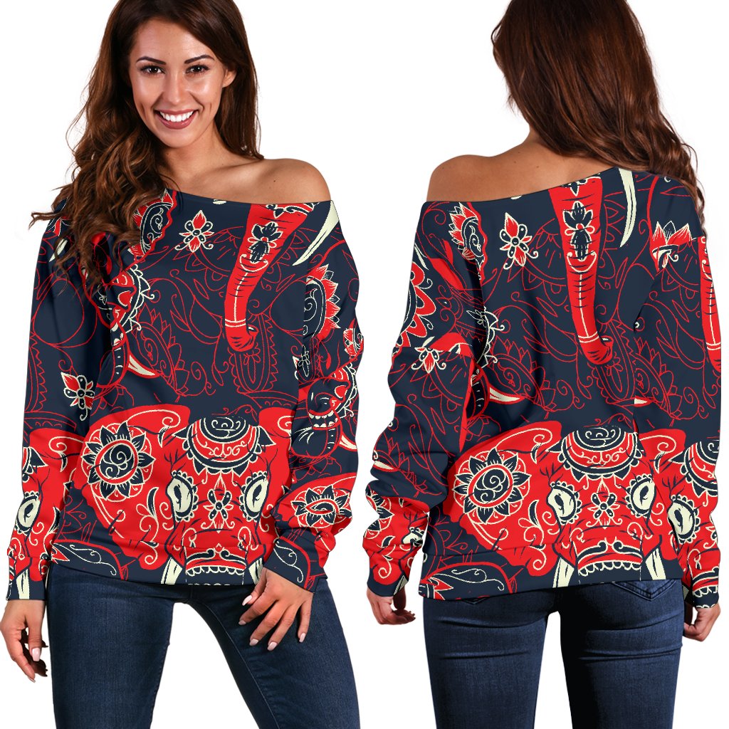 Red Indian Elephant Pattern Off Shoulder Sweatshirt