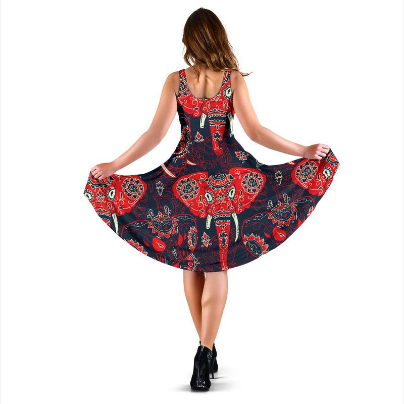 Red Indian Elephant Pattern Sleeveless Mini Dress