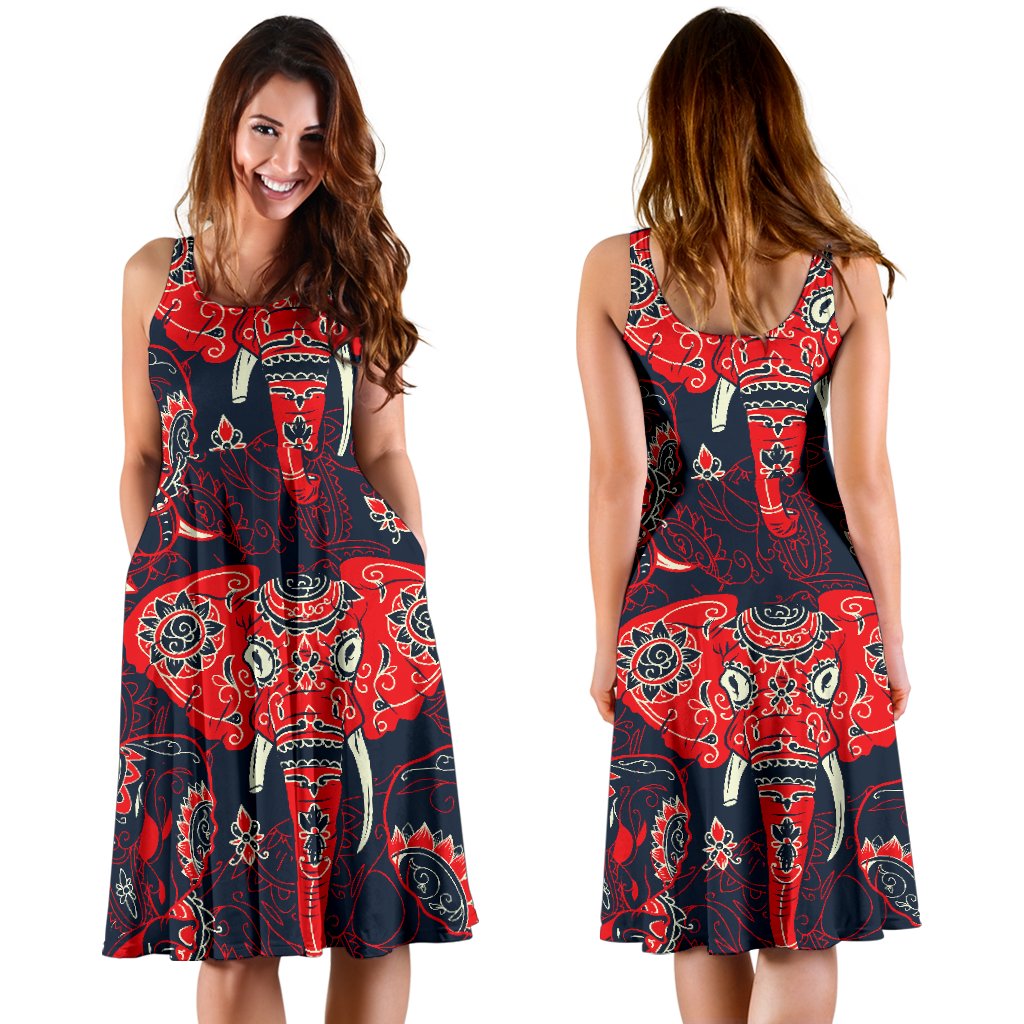 Red Indian Elephant Pattern Sleeveless Mini Dress