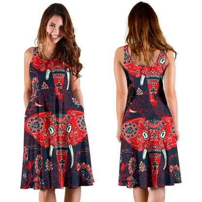 Red Indian Elephant Pattern Sleeveless Mini Dress