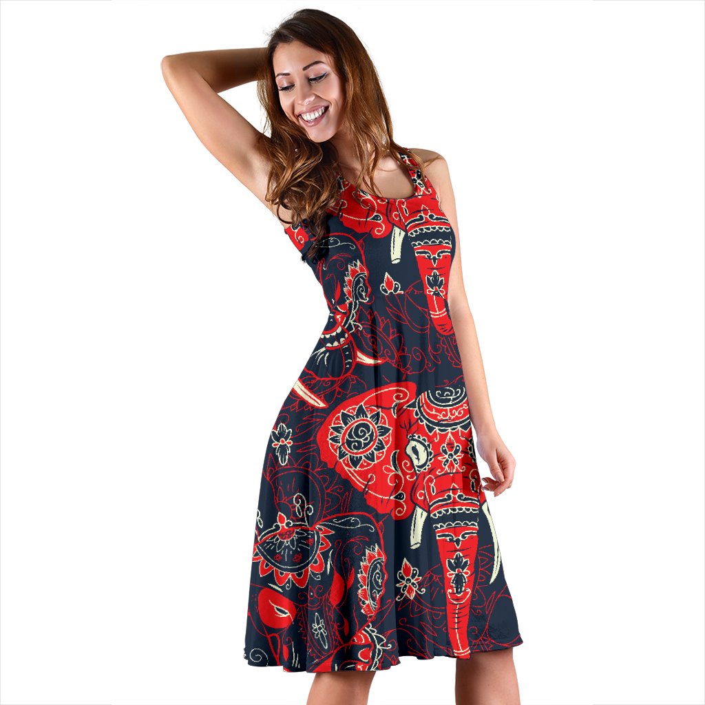 Red Indian Elephant Pattern Sleeveless Mini Dress