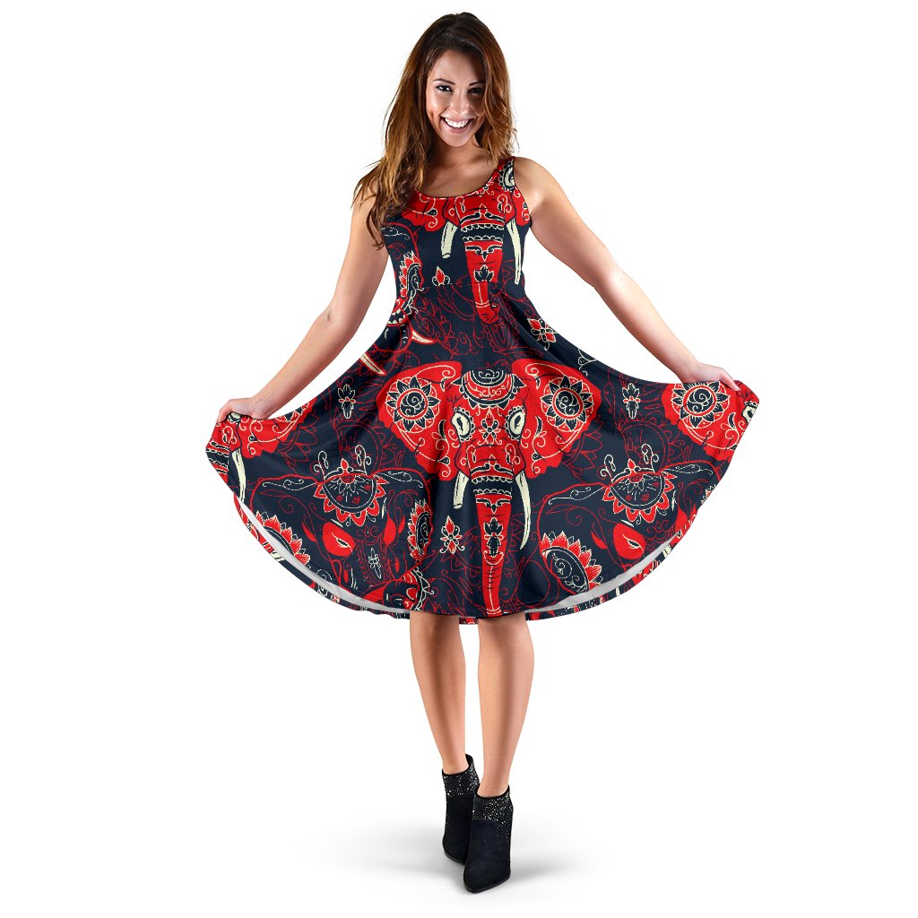 Red Indian Elephant Pattern Sleeveless Mini Dress