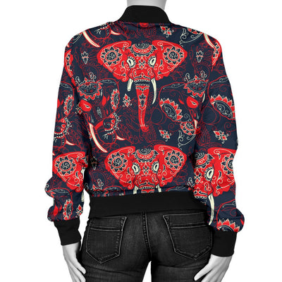 Red Indian Elephant Pattern Women Casual Bomber Jacket