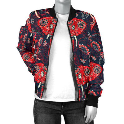 Red Indian Elephant Pattern Women Casual Bomber Jacket