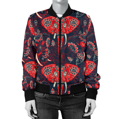 Red Indian Elephant Pattern Women Casual Bomber Jacket