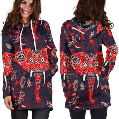 Red Indian Elephant Pattern Women Hoodie Dress