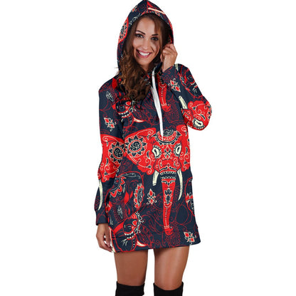 Red Indian Elephant Pattern Women Hoodie Dress