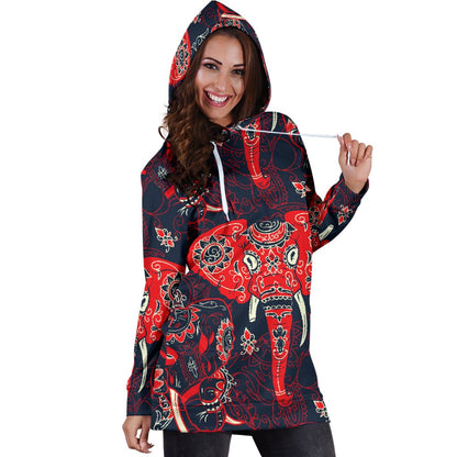 Red Indian Elephant Pattern Women Hoodie Dress