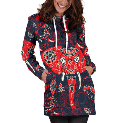 Red Indian Elephant Pattern Women Hoodie Dress