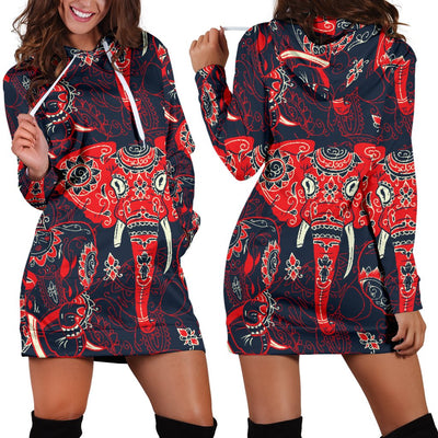 Red Indian Elephant Pattern Women Hoodie Dress