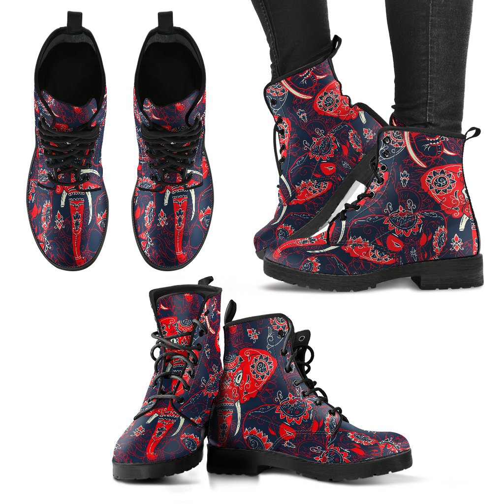 Red Indian Elephant Pattern Women Leather Boots