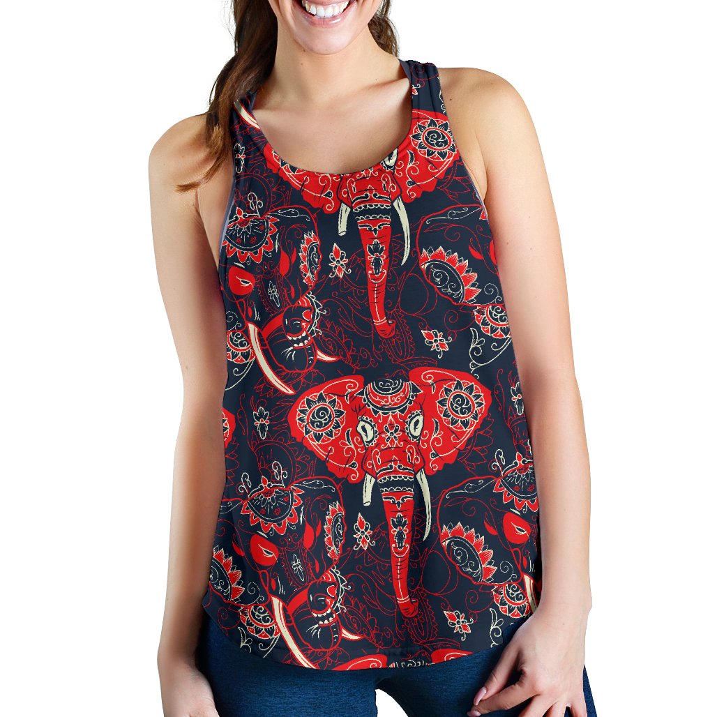 Red Indian Elephant Pattern Women Racerback Tank Top