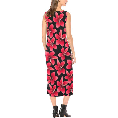 Red Plumeria Pattern Print Design PM025 Sleeveless Open Fork Long Dress