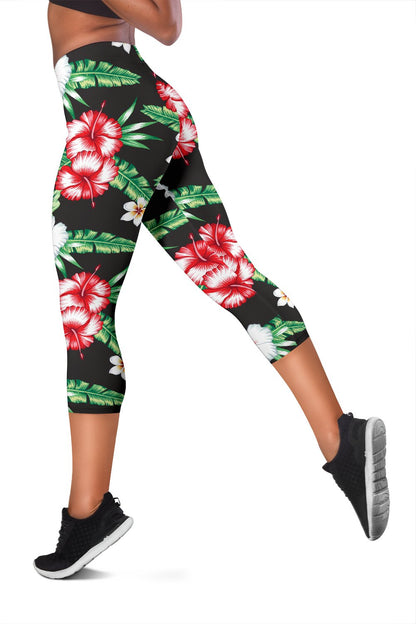 Red White Hawaiian Hibiscus Women Capris