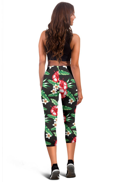 Red White Hawaiian Hibiscus Women Capris