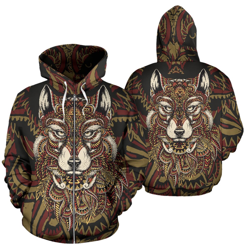 Red Wolf Tribal All Over Zip Up Hoodie