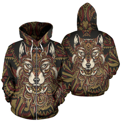 Red Wolf Tribal All Over Zip Up Hoodie