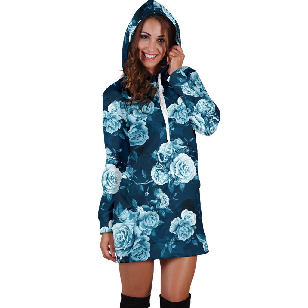 Rose Blue Pattern Print Design RO014 Women Hoodie Dress