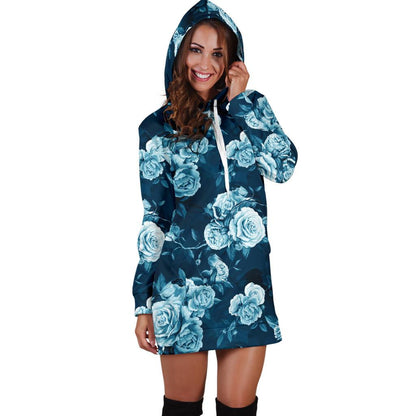 Rose Blue Pattern Print Design RO014 Women Hoodie Dress