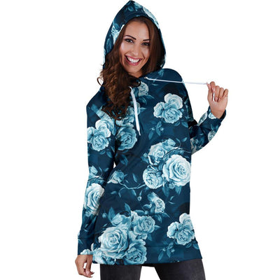 Rose Blue Pattern Print Design RO014 Women Hoodie Dress