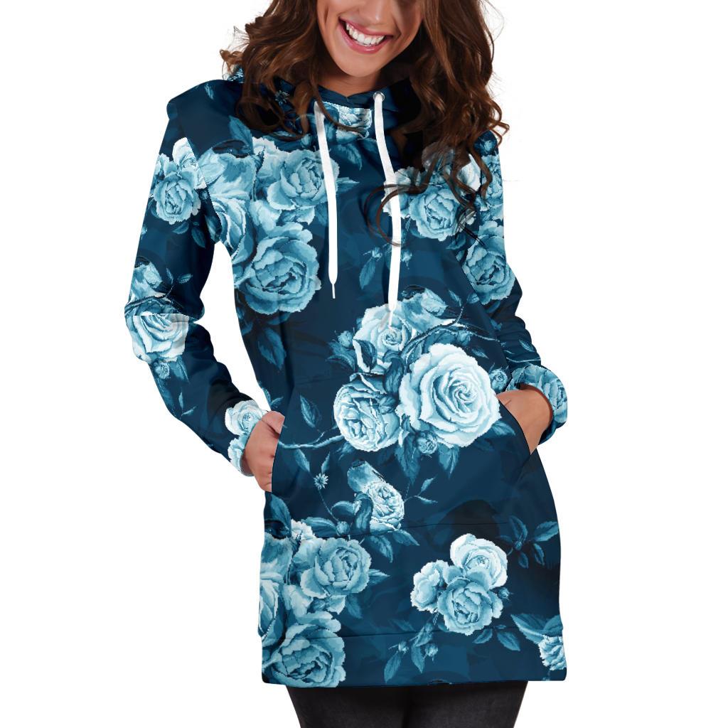 Rose Blue Pattern Print Design RO014 Women Hoodie Dress
