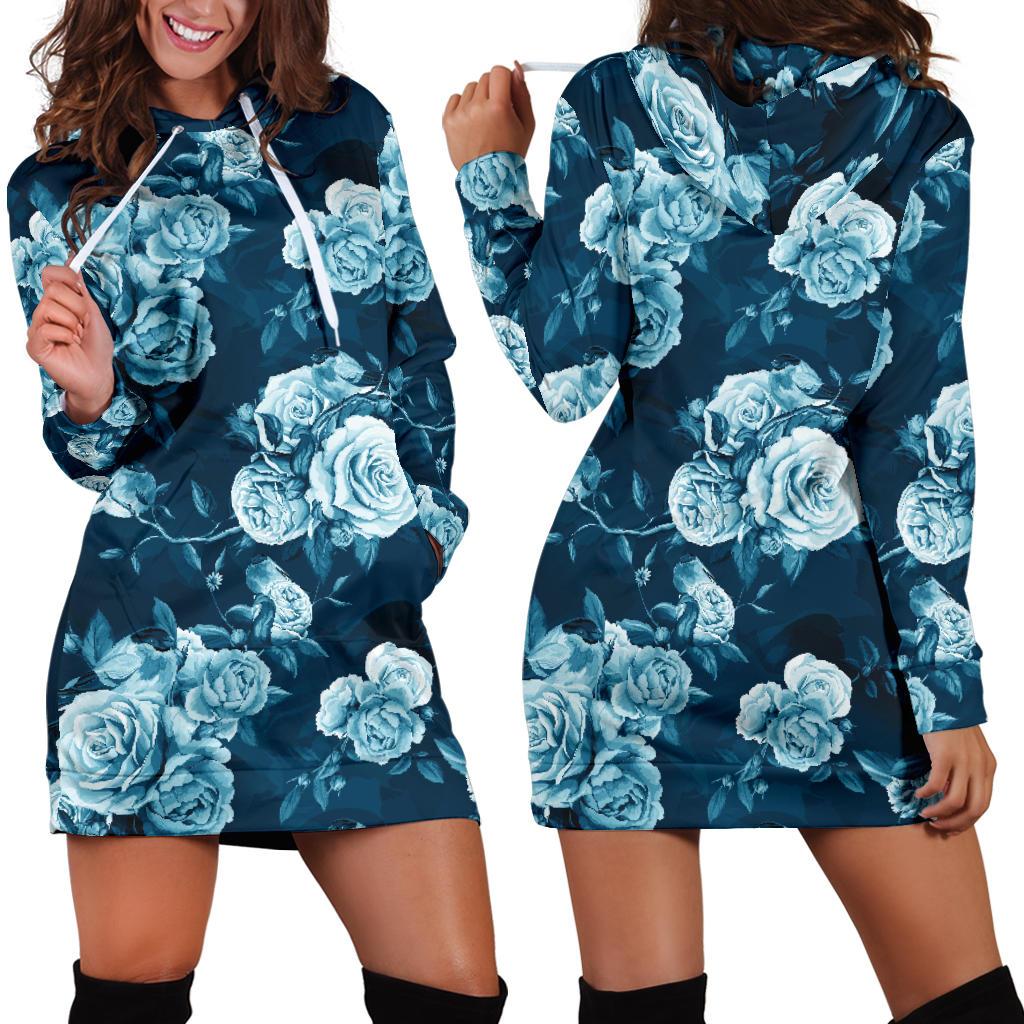Rose Blue Pattern Print Design RO014 Women Hoodie Dress