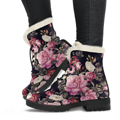 Rose Pattern Faux Fur Leather Boots