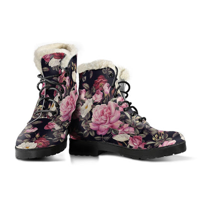 Rose Pattern Faux Fur Leather Boots