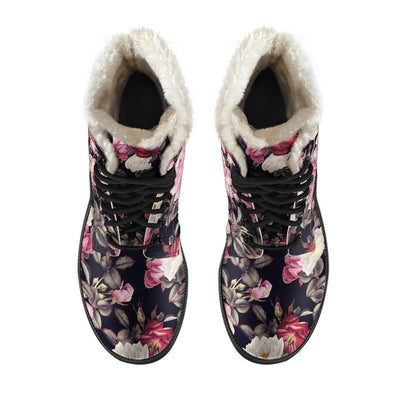 Rose Pattern Faux Fur Leather Boots