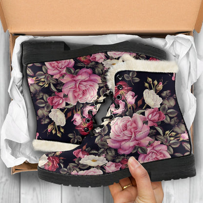 Rose Pattern Faux Fur Leather Boots