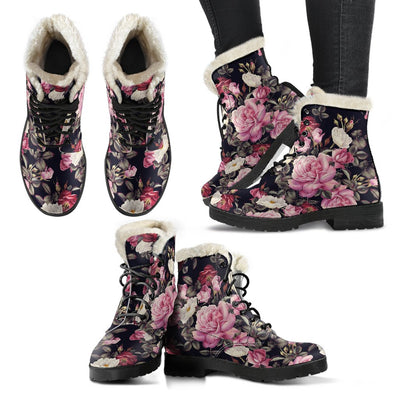 Rose Pattern Faux Fur Leather Boots