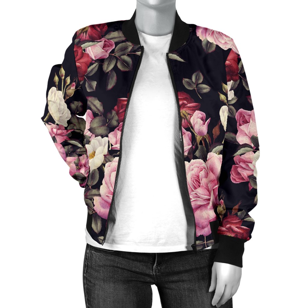 Rose Pattern Women Casual Bomber Jacket