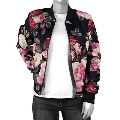 Rose Pattern Women Casual Bomber Jacket