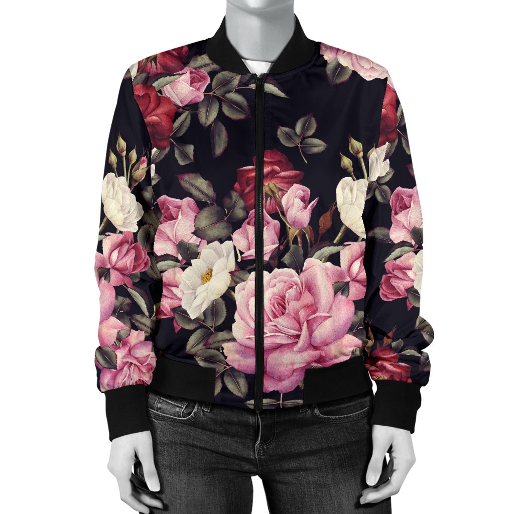 Rose Pattern Women Casual Bomber Jacket