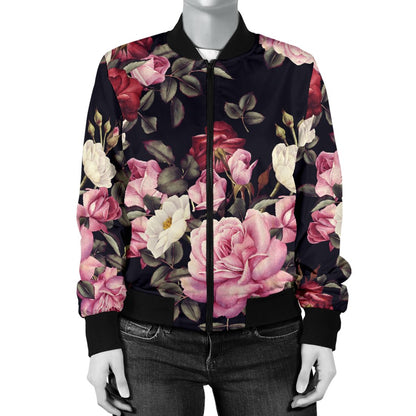 Rose Pattern Women Casual Bomber Jacket