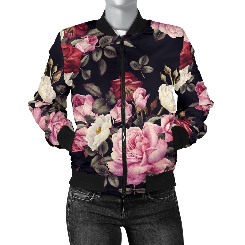 Rose Pattern Women Casual Bomber Jacket