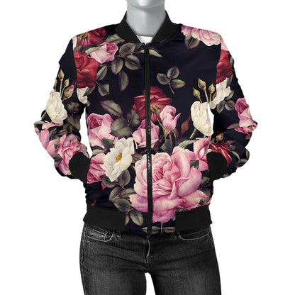 Rose Pattern Women Casual Bomber Jacket