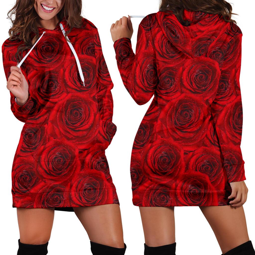 Rose Red Pattern Print Design RO04 Women Hoodie Dress