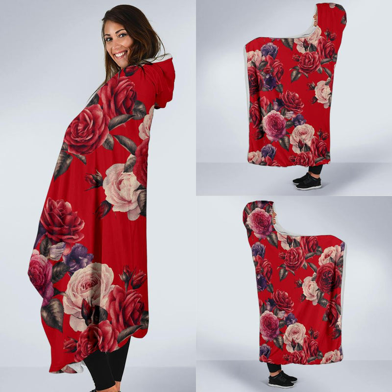 Rose Red Pattern Print Design RO07 Hooded Blanket-JORJUNE.COM