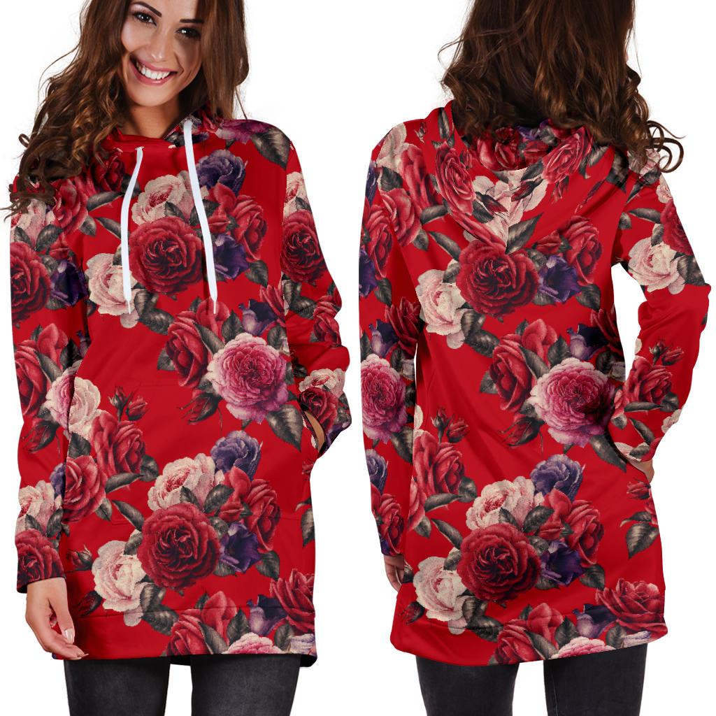 Rose Red Pattern Print Design RO07 Women Hoodie Dress
